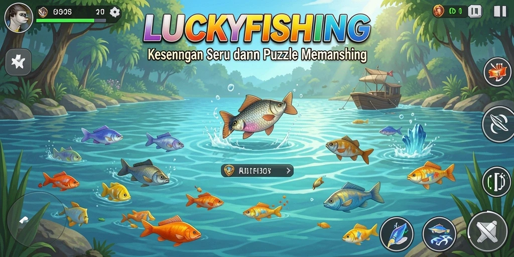 Tampilan gameplay LUCKYFISHING dengan puzzle seru dan memancing ikan.