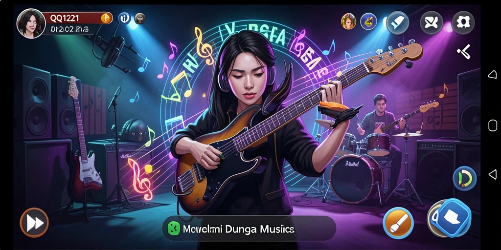 Screenshot QQ1221 menunjukkan pemain menikmati permainan musik yang penuh warna.