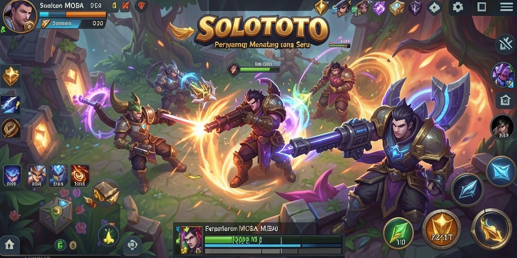 Screenshot gameplay SOLOTOTO menampilkan pertarungan seru antar tim.