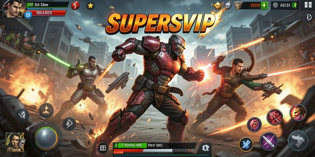 Screenshot gameplay SUPERSVIP menampilkan pertarungan aksi yang mendebarkan.